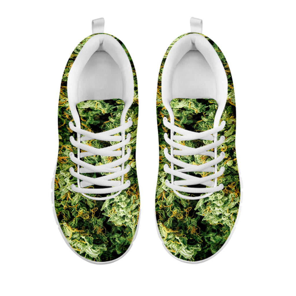 Green Weed Print White Running Shoes