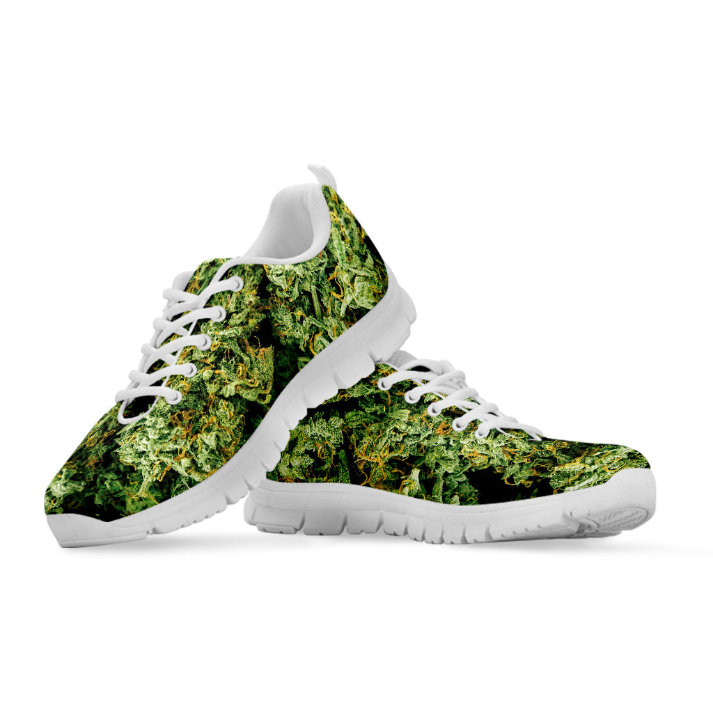 Green Weed Print White Running Shoes