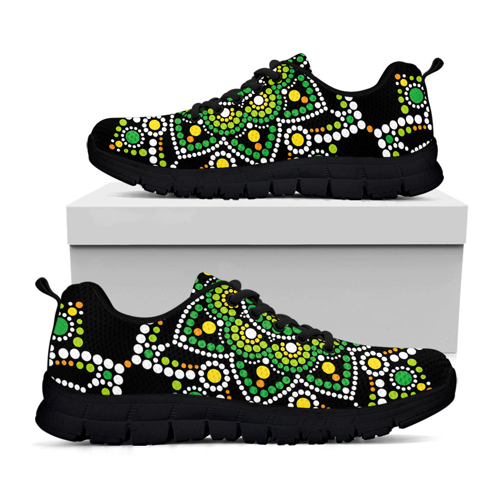 Green White Dot Mandala Print Black Running Shoes