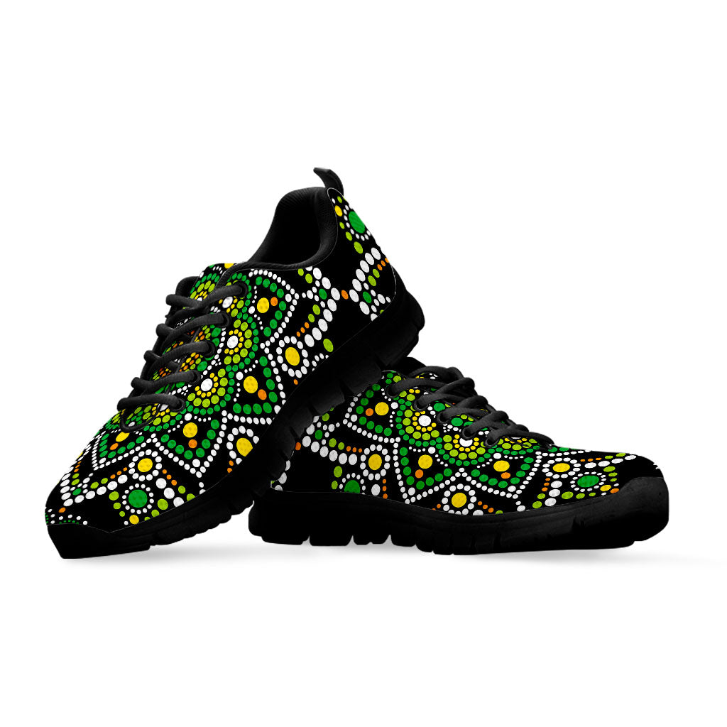 Green White Dot Mandala Print Black Running Shoes