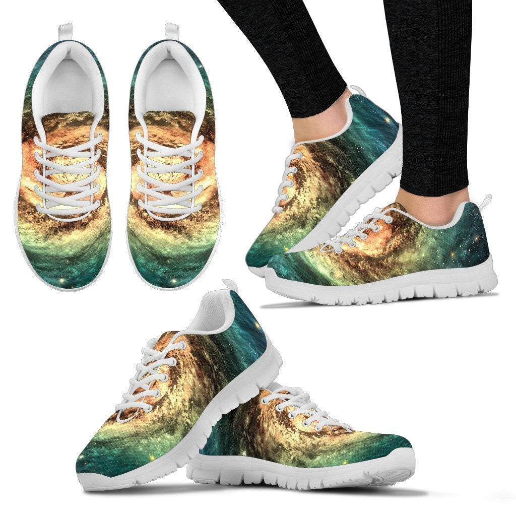 Green Yellow Spiral Galaxy Space Print White Running Shoes