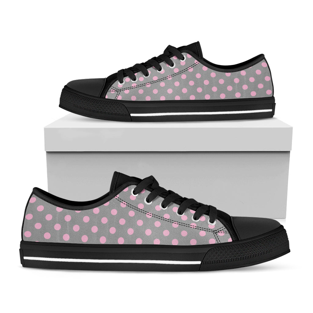 Grey And Pink Polka Dot Pattern Print Black Low Top Sneakers
