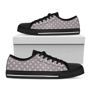 Grey And Pink Polka Dot Pattern Print Black Low Top Sneakers