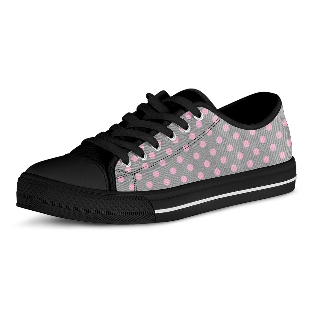 Grey And Pink Polka Dot Pattern Print Black Low Top Sneakers