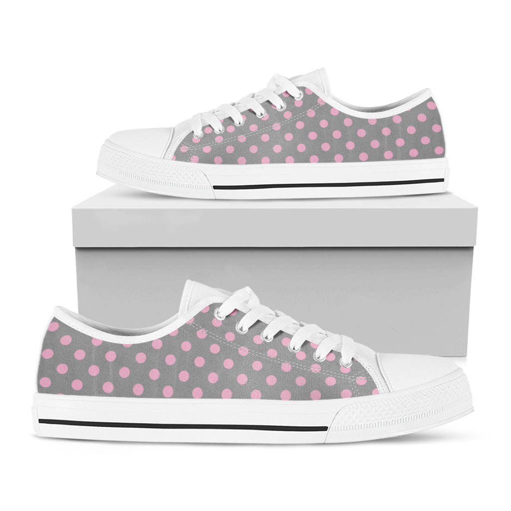 Grey And Pink Polka Dot Pattern Print White Low Top Sneakers