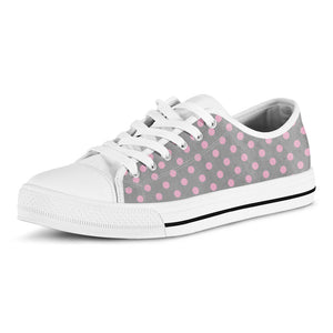 Grey And Pink Polka Dot Pattern Print White Low Top Sneakers