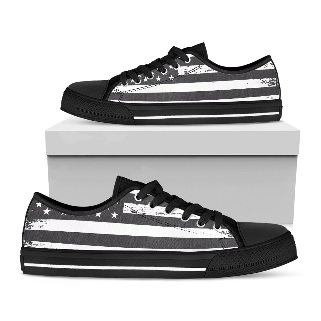Grey And White American Flag Print Black Low Top Sneakers