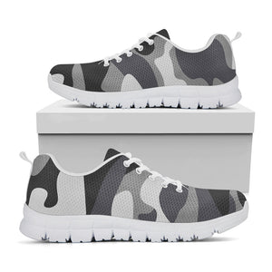Grey And White Camouflage Print White Running Shoes
