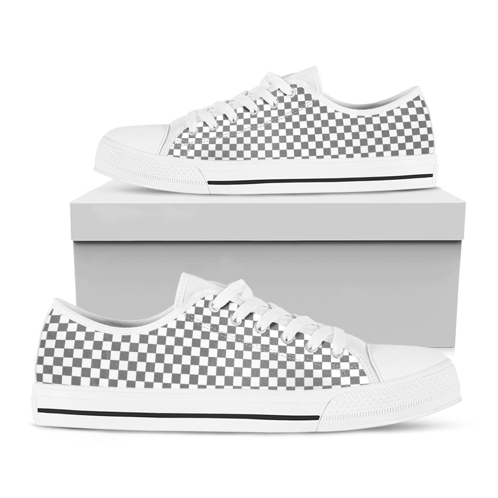 Grey And White Checkered Pattern Print White Low Top Sneakers