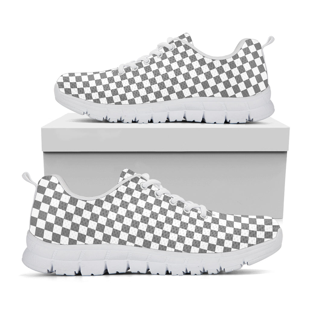 Grey And White Checkered Pattern Print White Running Shoes