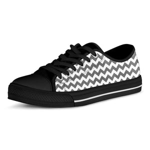 Grey And White Chevron Pattern Print Black Low Top Sneakers