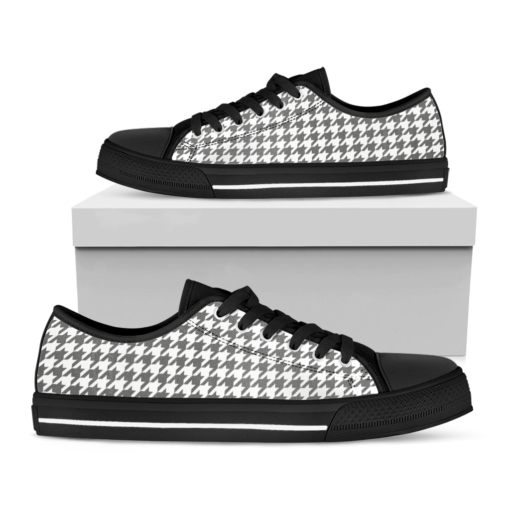 Grey And White Houndstooth Pattern Print Black Low Top Sneakers