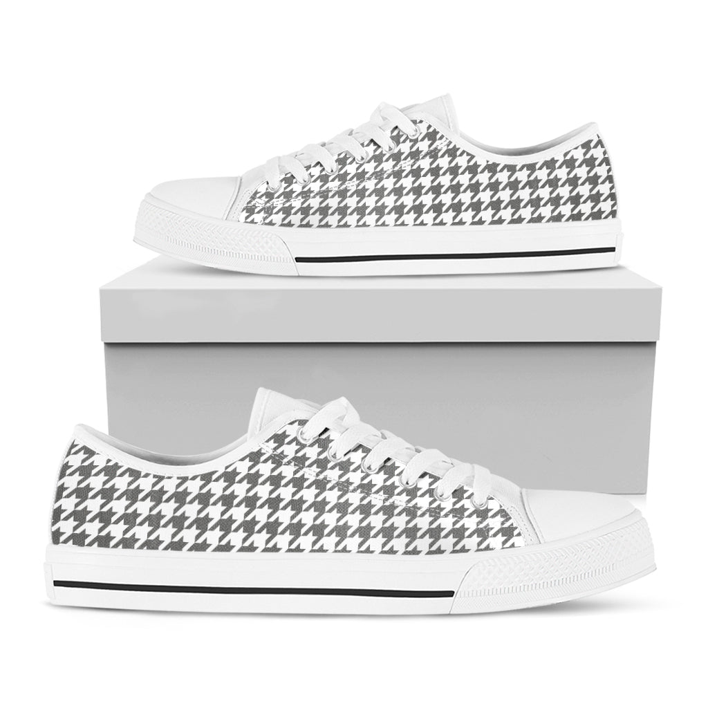 Grey And White Houndstooth Pattern Print White Low Top Sneakers