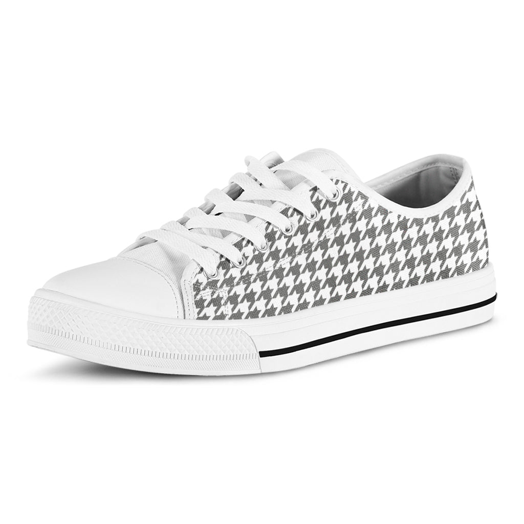 Grey And White Houndstooth Pattern Print White Low Top Sneakers