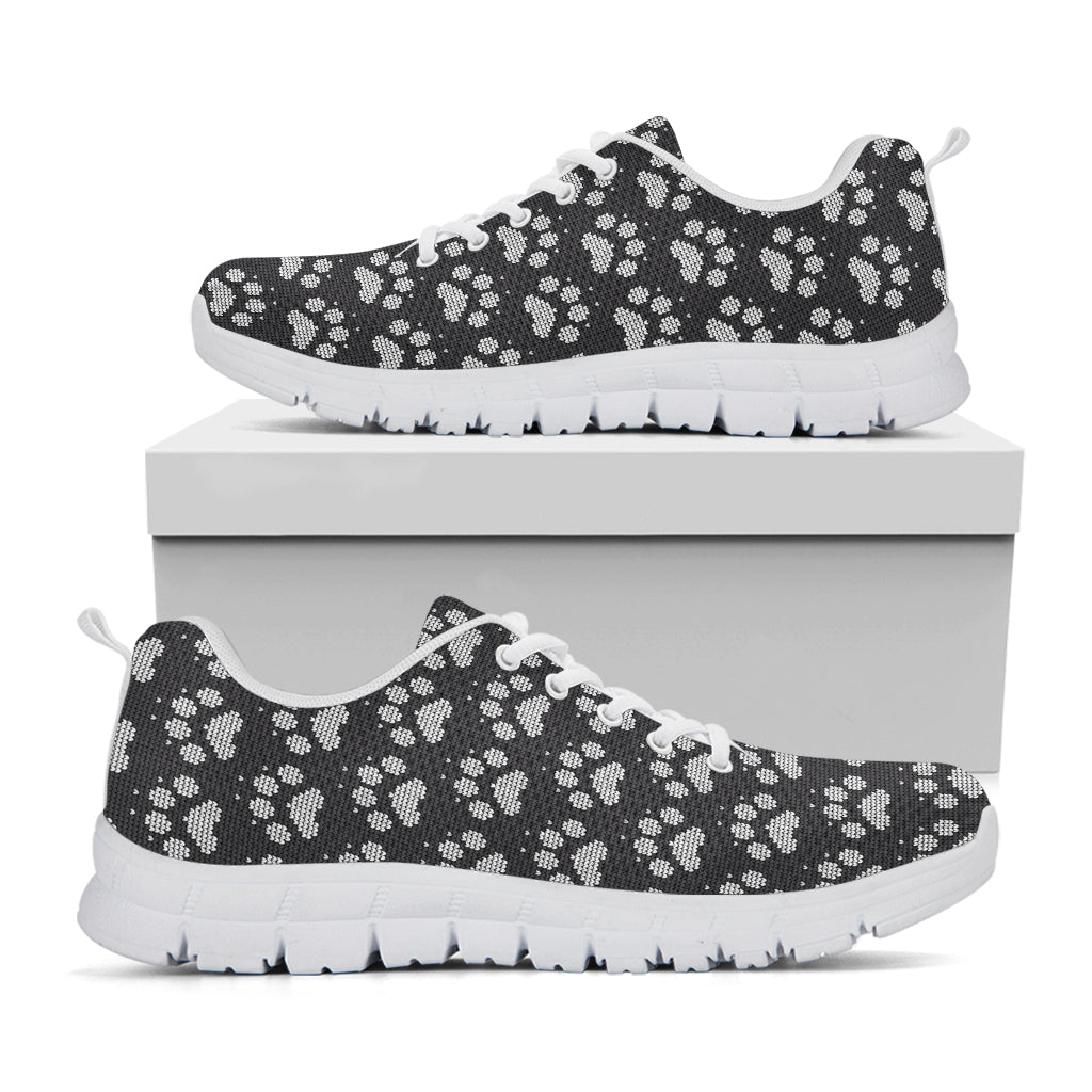 Grey And White Paw Knitted Pattern Print White Running Shoes