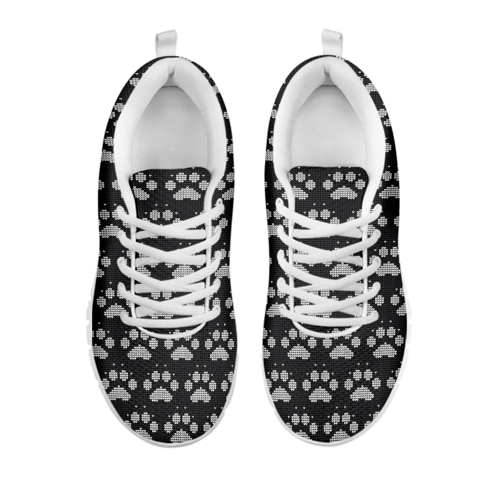 Grey And White Paw Knitted Pattern Print White Running Shoes