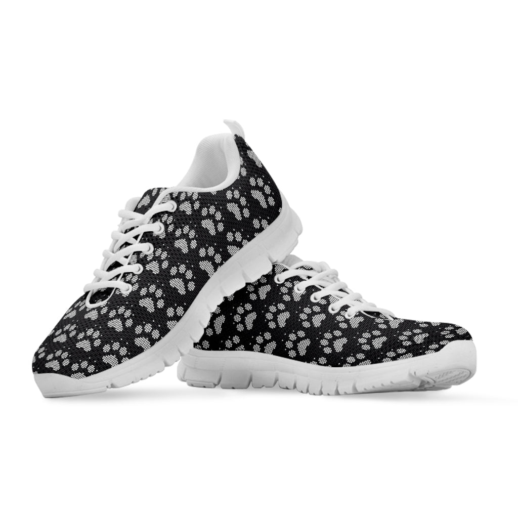 Grey And White Paw Knitted Pattern Print White Running Shoes