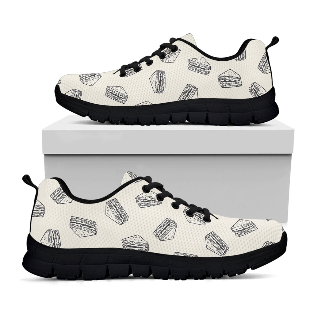 Grey Doodle Sandwich Pattern Print Black Running Shoes