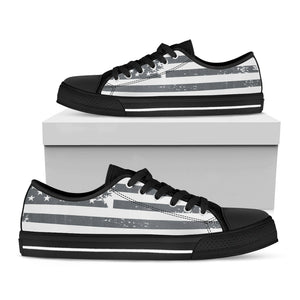 Grey Grunge American Flag Print Black Low Top Sneakers