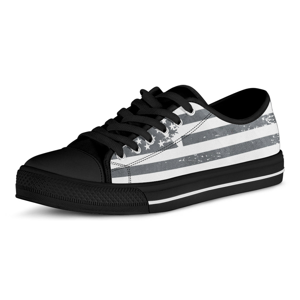 Grey Grunge American Flag Print Black Low Top Sneakers