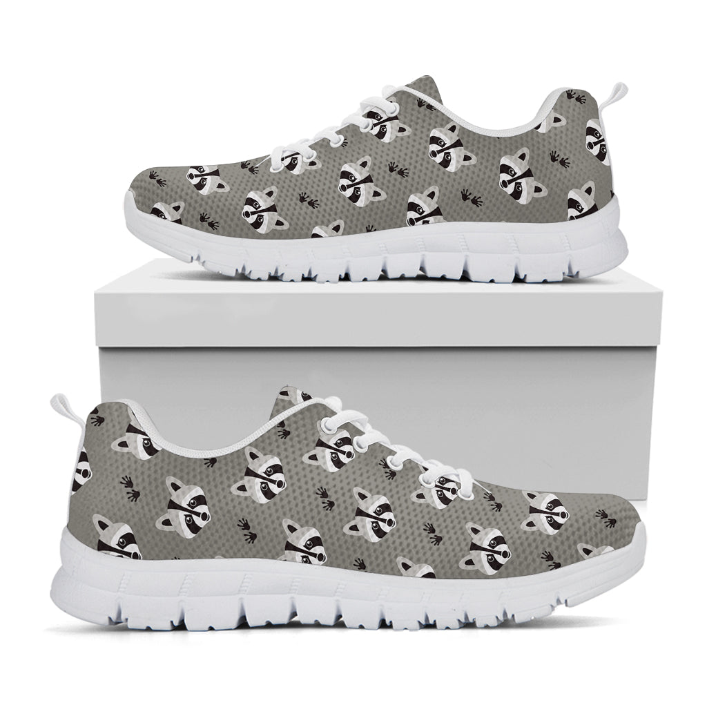 Grey Raccoon Pattern Print White Running Shoes
