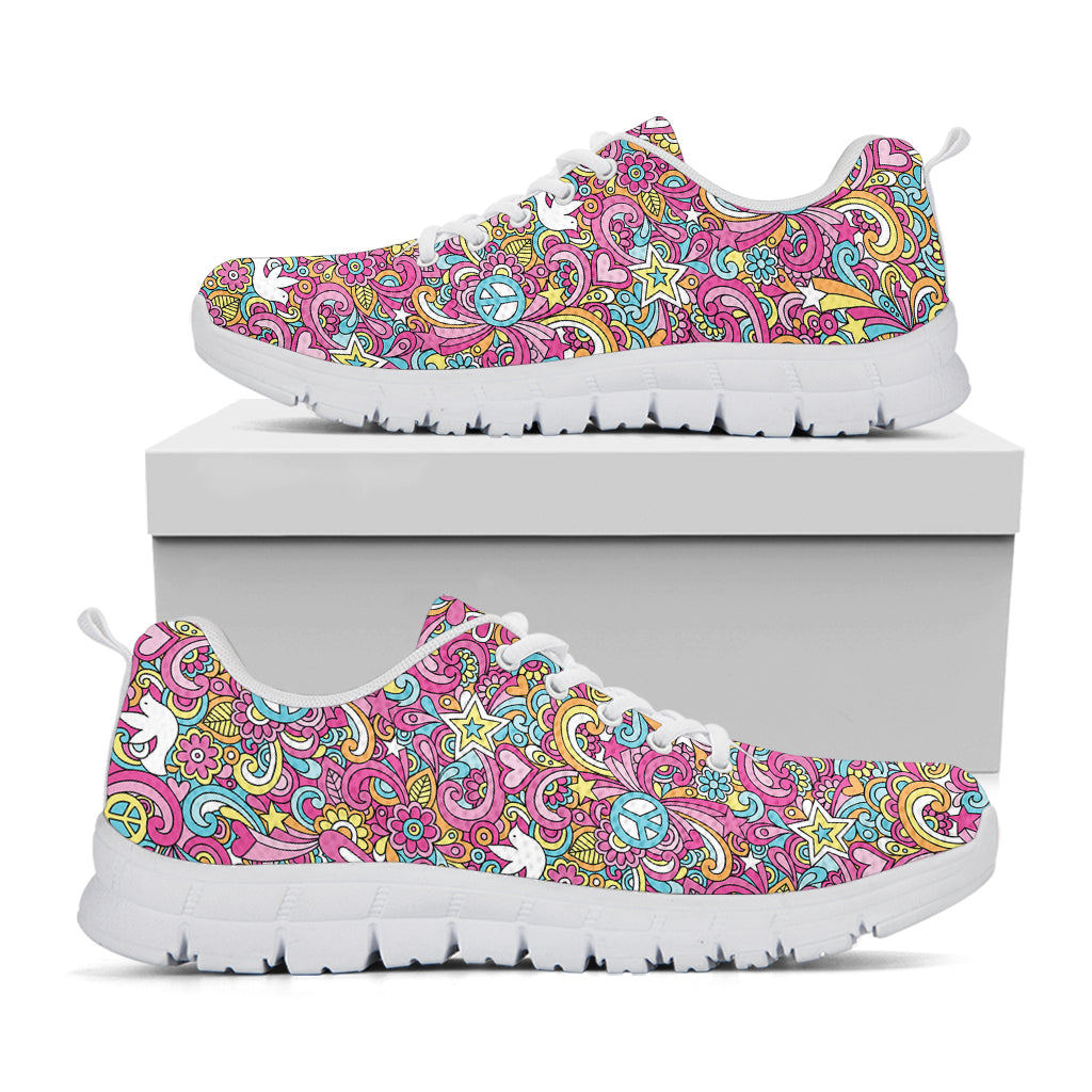 Groovy Girly Peace Pattern Print White Running Shoes