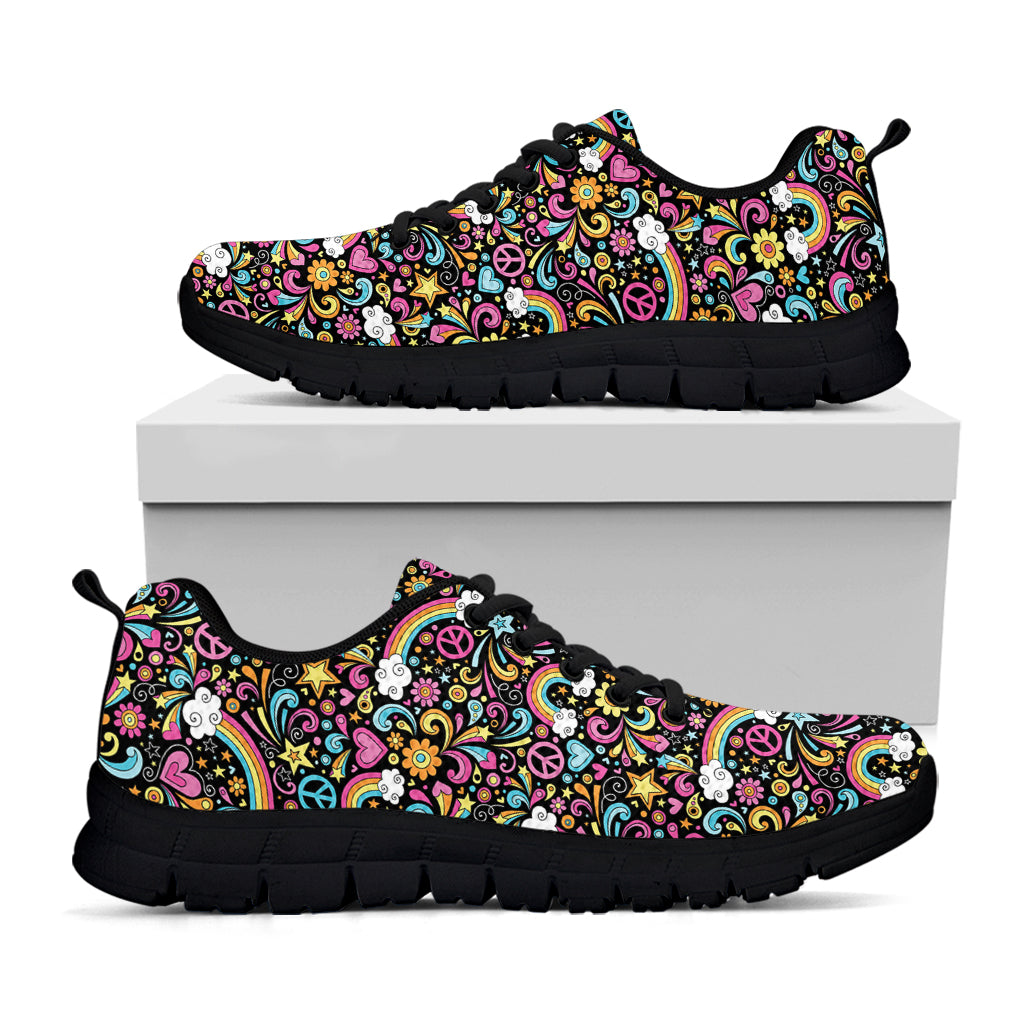 Groovy Hippie Peace Pattern Print Black Running Shoes