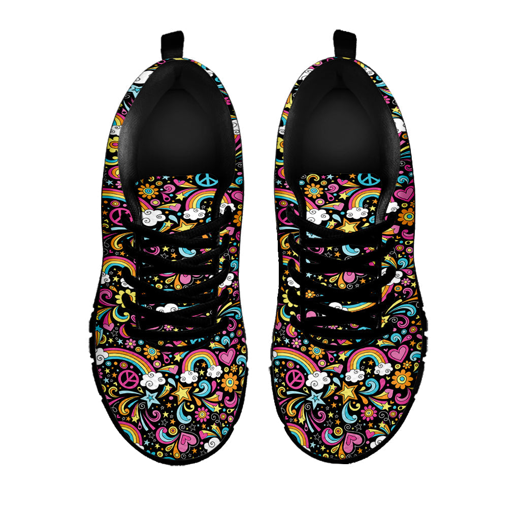 Groovy Hippie Peace Pattern Print Black Running Shoes