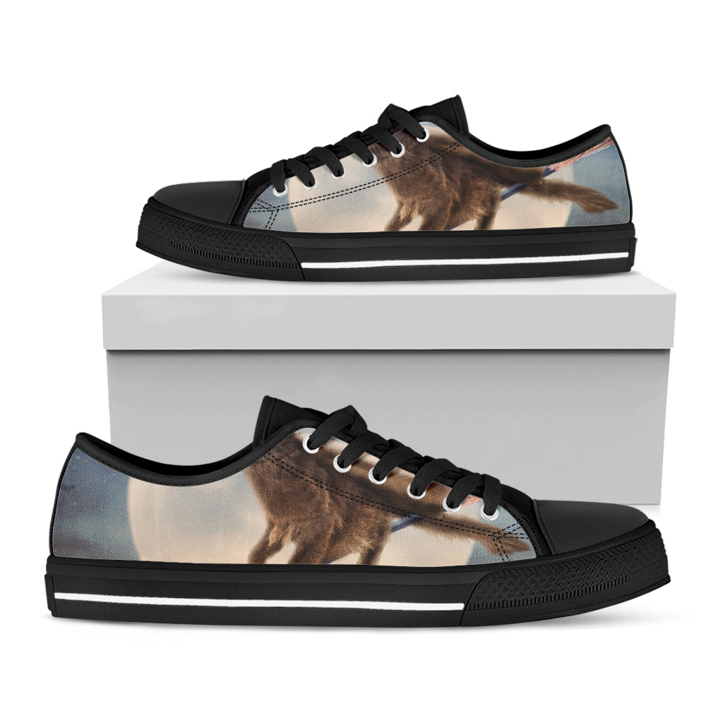 Halloween Flying Witch Cat Print Black Low Top Sneakers