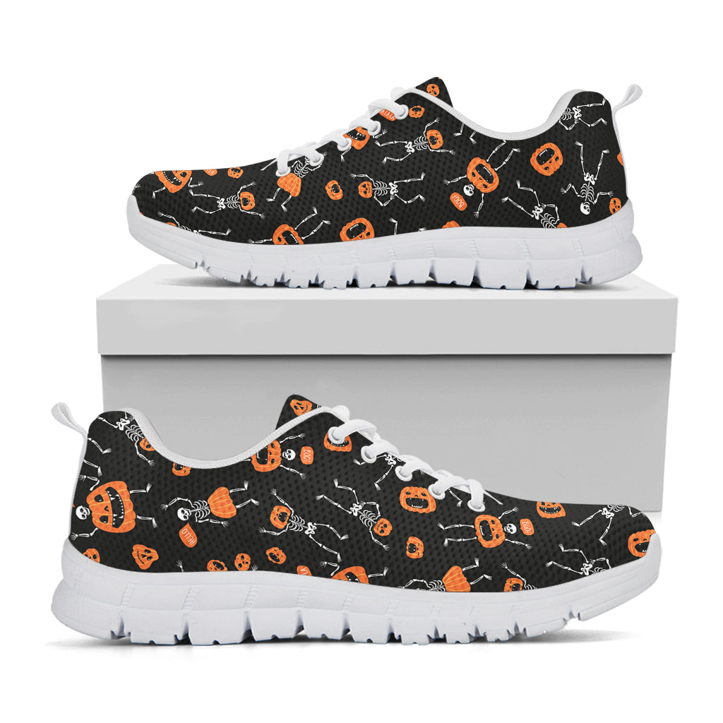 Halloween Skeleton And Pumpkin Print White Running Shoes