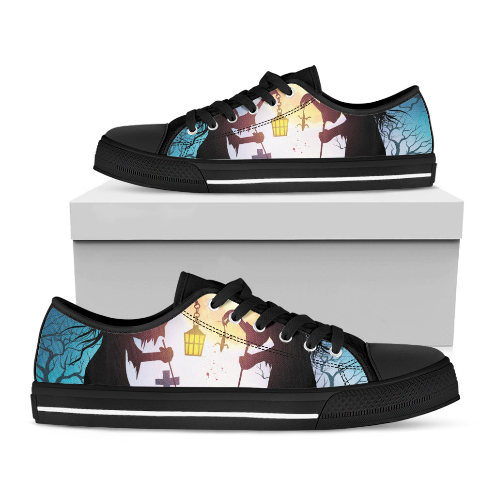 Halloween Witch And Cauldron Print Black Low Top Sneakers