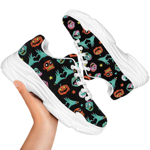 Halloween Zombie Pattern Print White Chunky Shoes