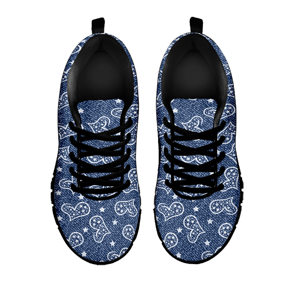 Heart And Star Denim Jeans Pattern Print Black Running Shoes