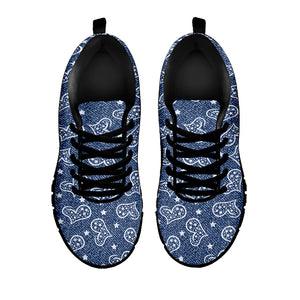 Heart And Star Denim Jeans Pattern Print Black Running Shoes