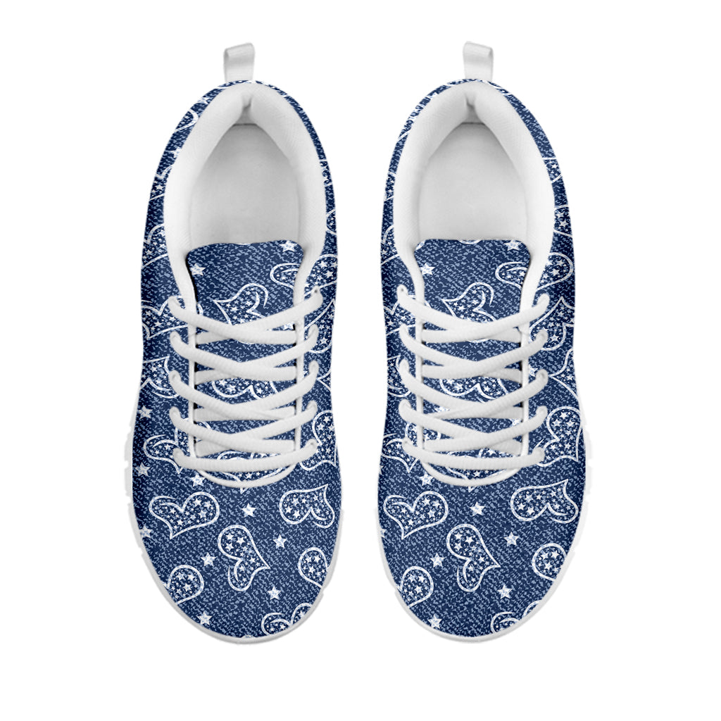 Heart And Star Denim Jeans Pattern Print White Running Shoes