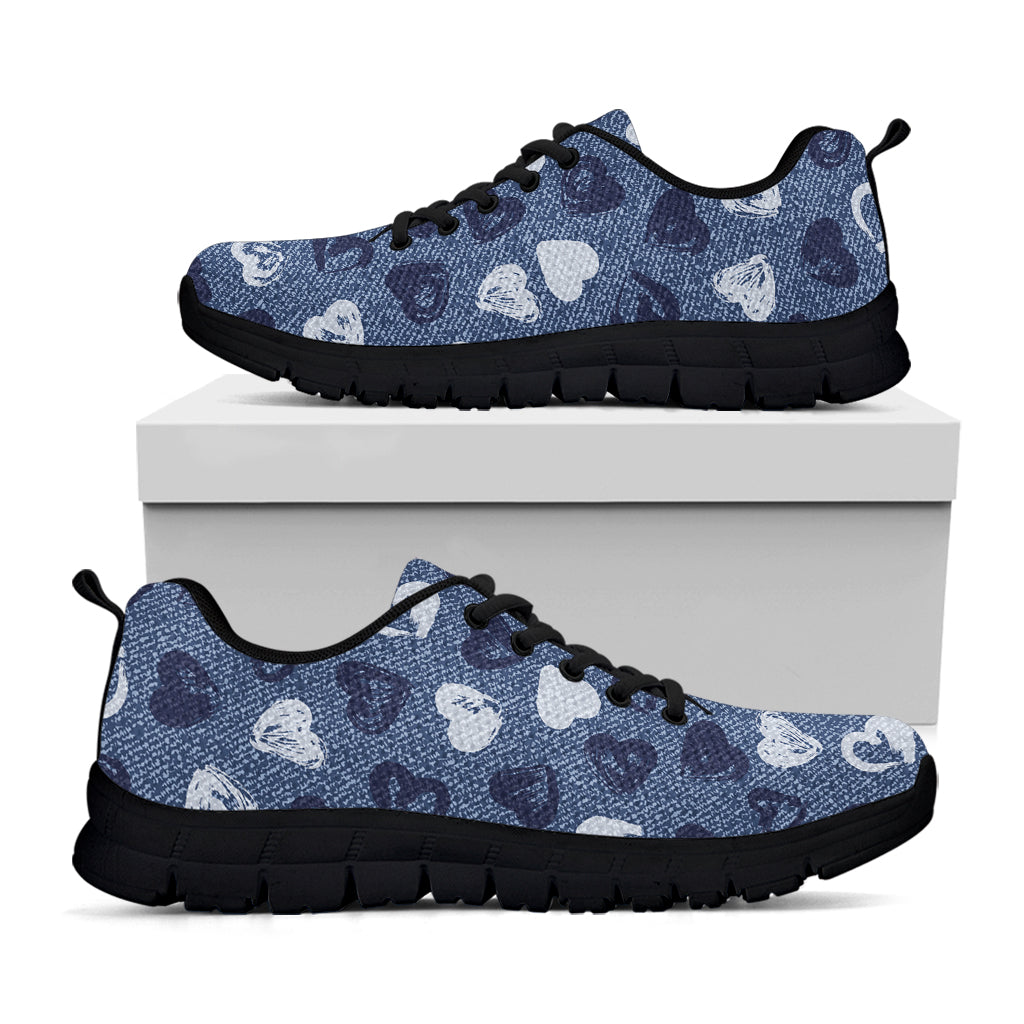 Heart Denim Jeans Pattern Print Black Running Shoes