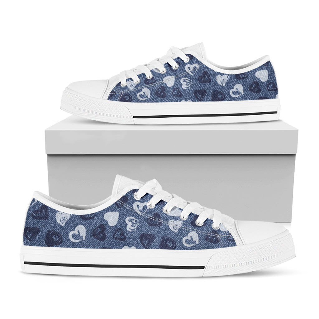 Heart Denim Jeans Pattern Print White Low Top Sneakers