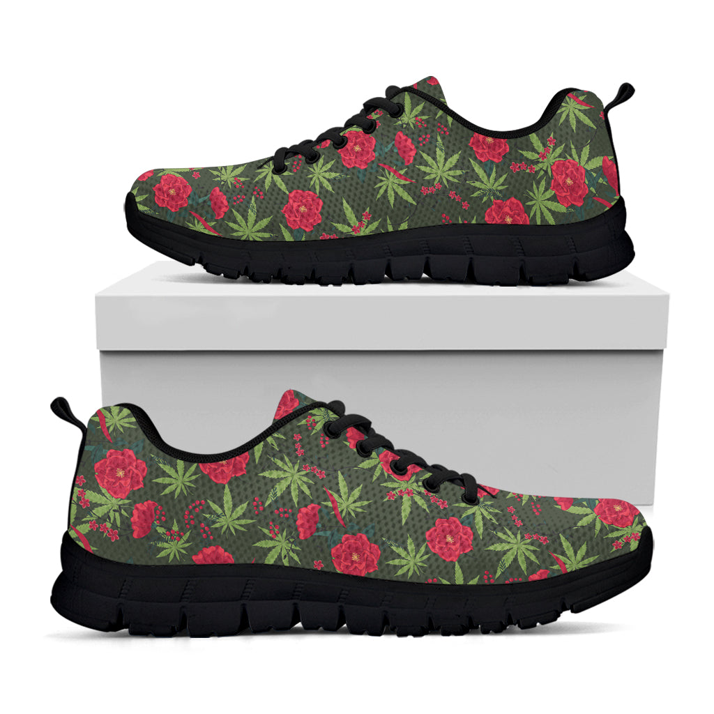 Hemp Leaves And Flowers Pattern Print Black Running Shoes