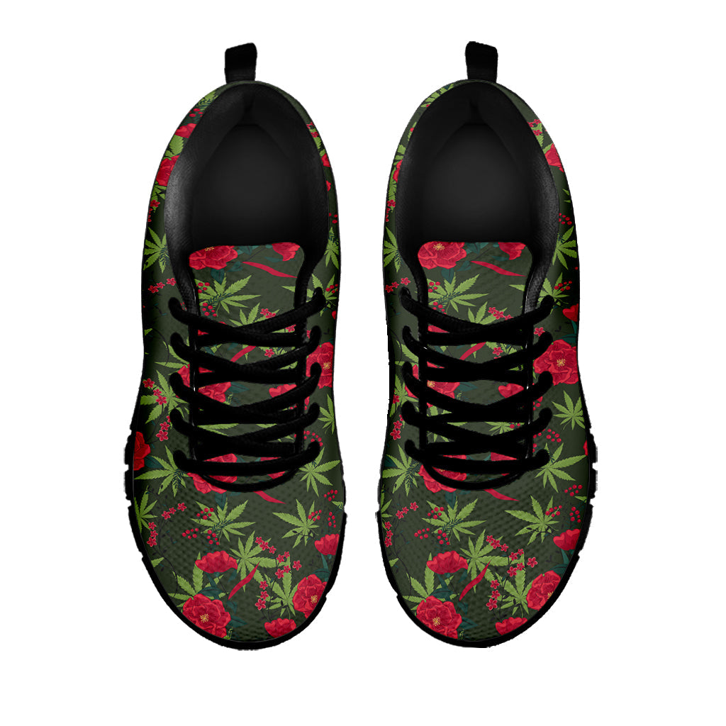 Hemp Leaves And Flowers Pattern Print Black Running Shoes