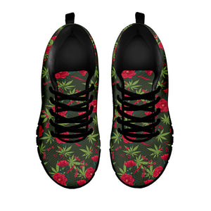 Hemp Leaves And Flowers Pattern Print Black Running Shoes