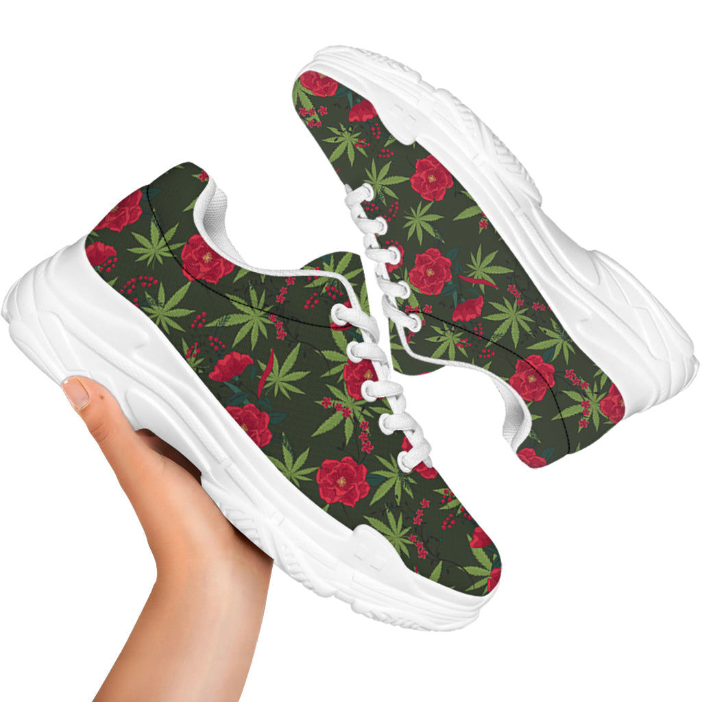 Hemp Leaves And Flowers Pattern Print White Chunky Shoes