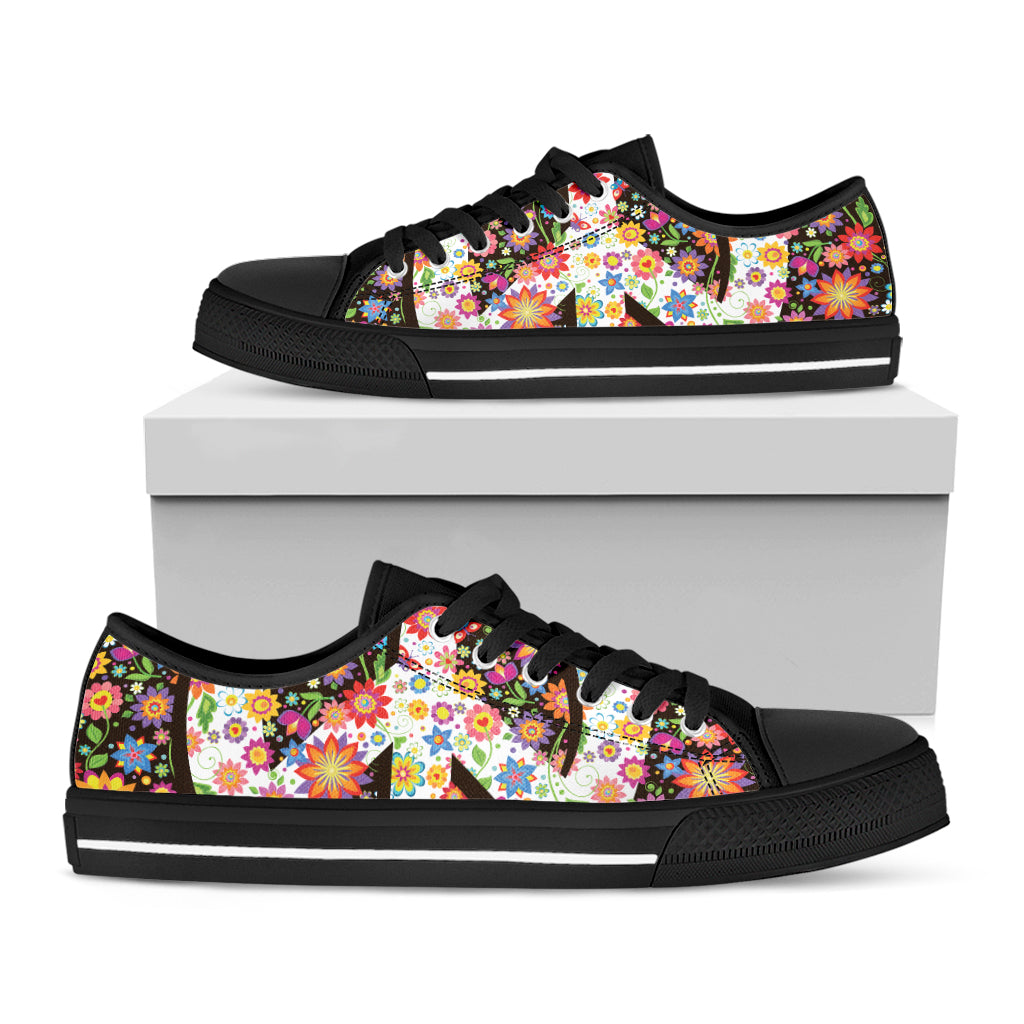 Hippie Flower Peace Sign Print Black Low Top Sneakers