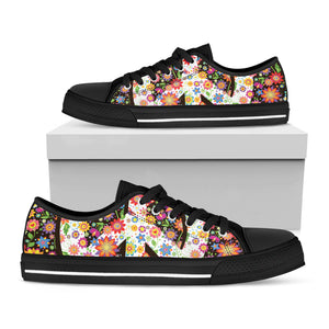 Hippie Flower Peace Sign Print Black Low Top Sneakers