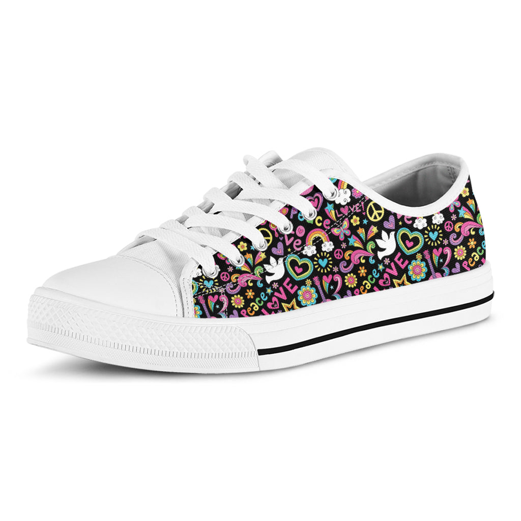 Hippie Peace Sign And Love Pattern Print White Low Top Sneakers