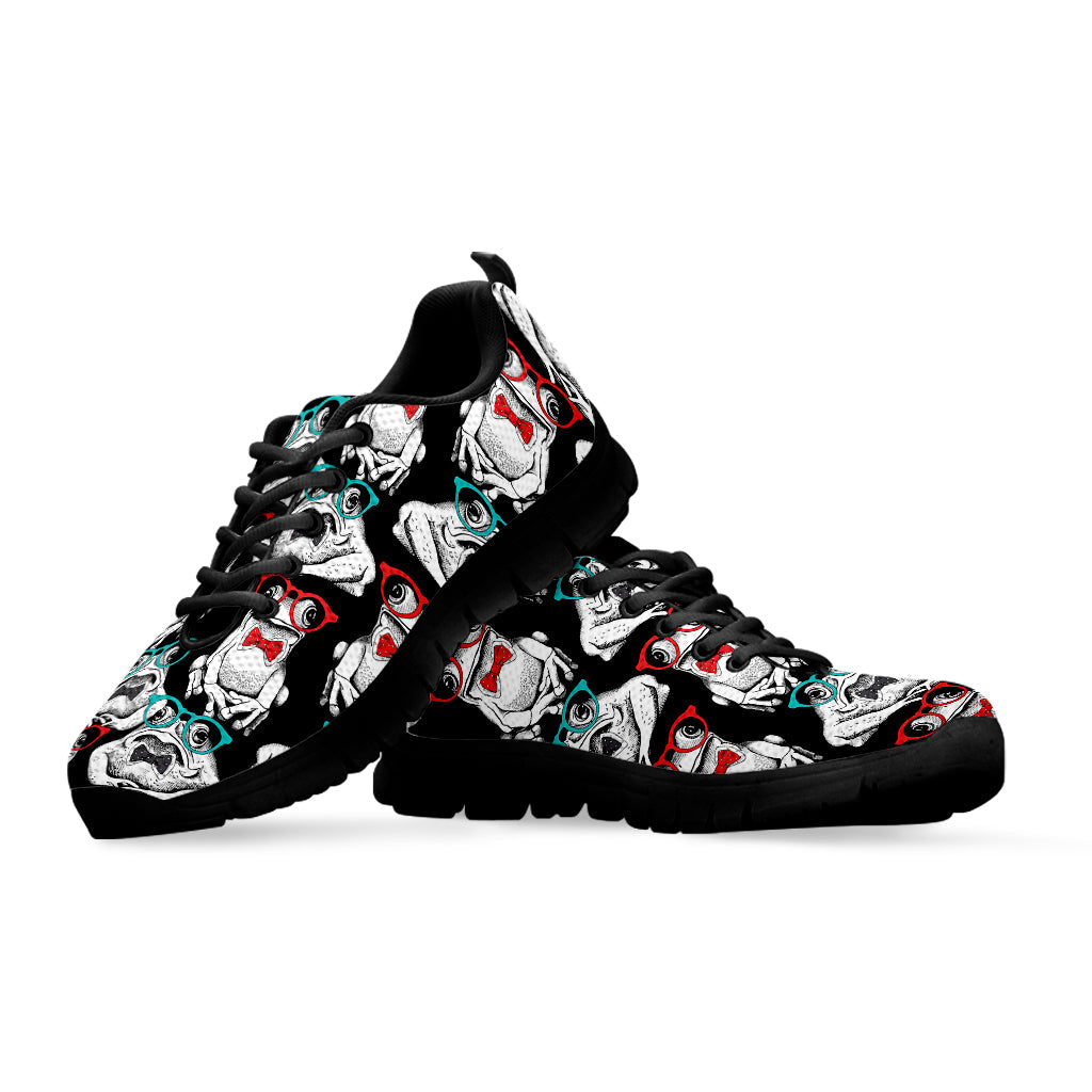 Hipster Frog Pattern Print Black Running Shoes