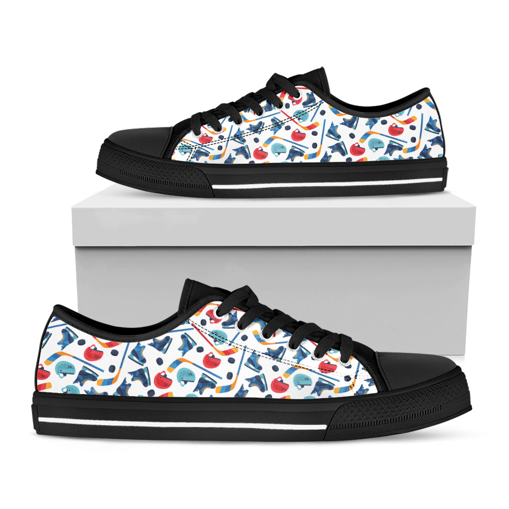Hockey Equipment Pattern Print Black Low Top Sneakers