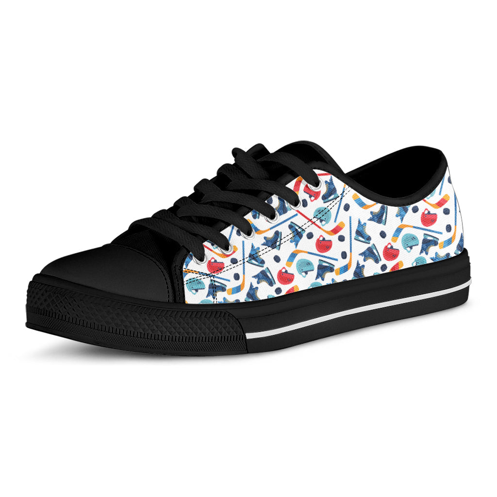 Hockey Equipment Pattern Print Black Low Top Sneakers
