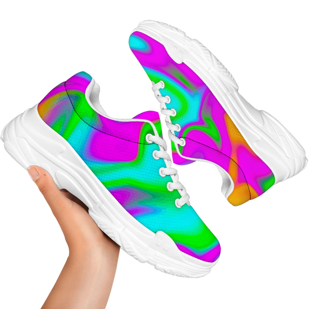 Holographic Neon Liquid Trippy Print White Chunky Shoes