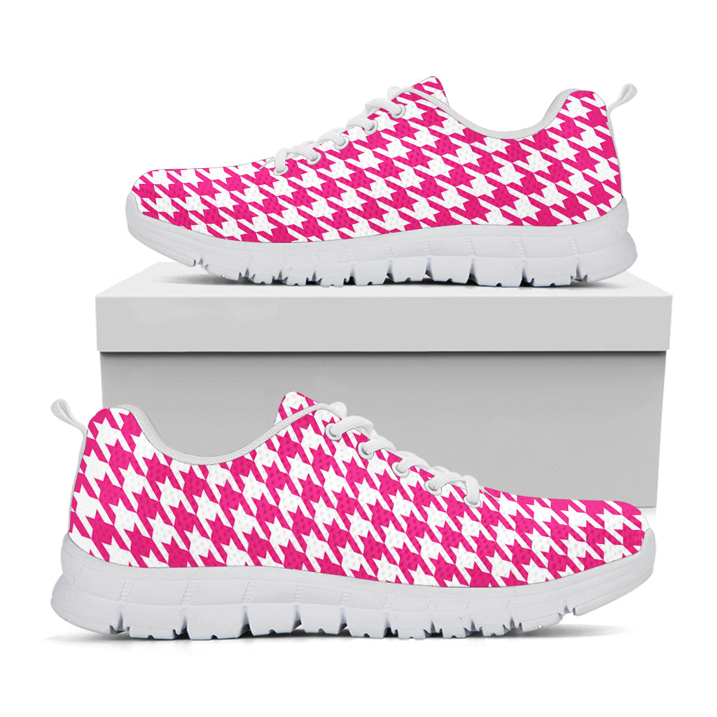 Hot Pink And White Houndstooth Print White Running Shoes
