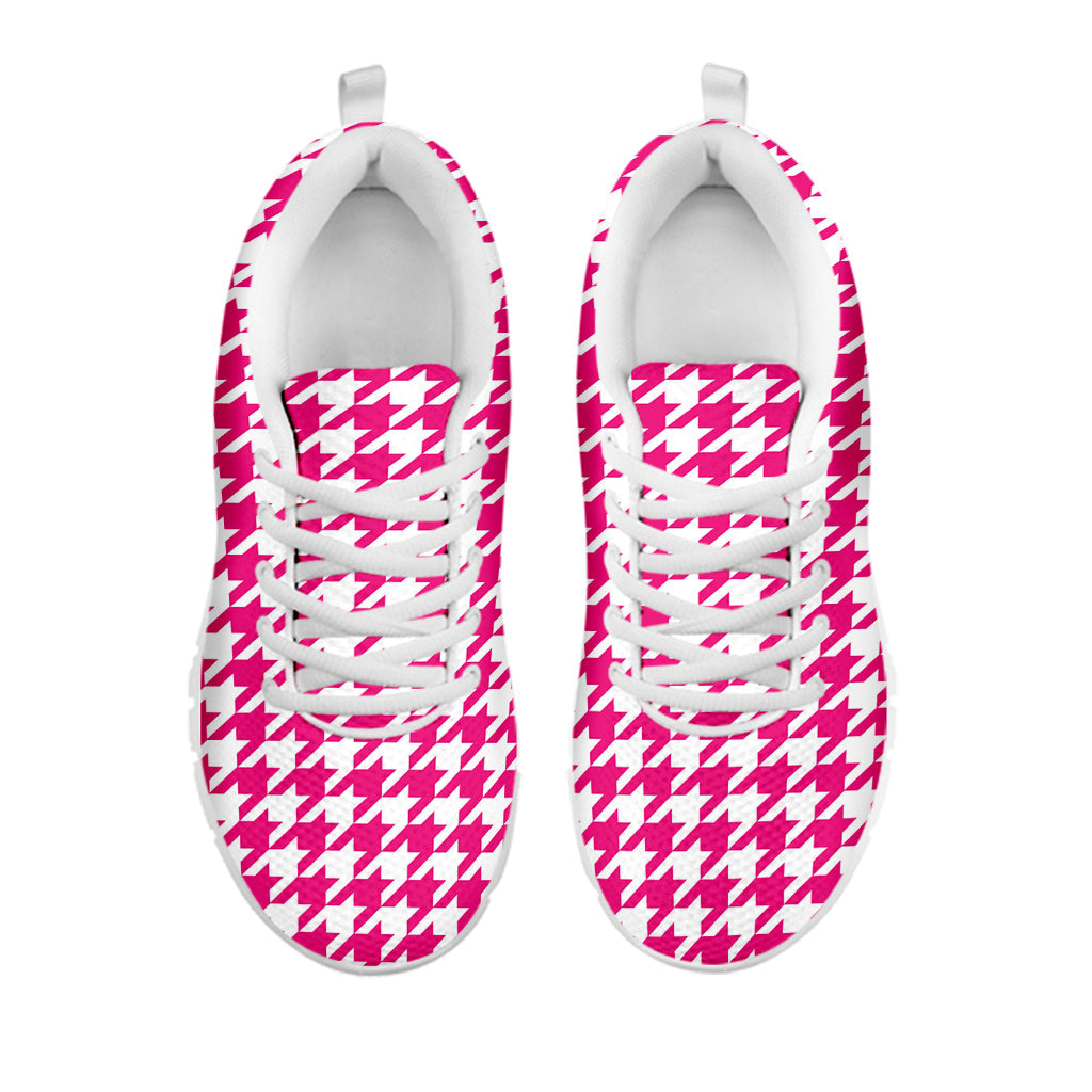 Hot Pink And White Houndstooth Print White Running Shoes